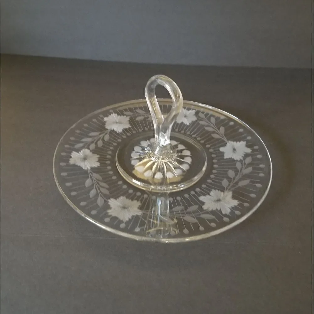 Vintage round etched glass serving tray